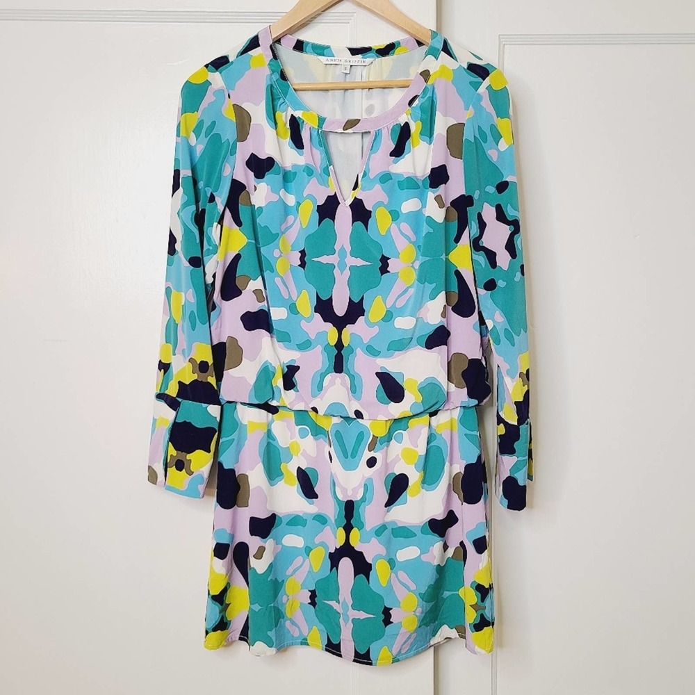 Annie Griffin Colorful Camo Drop Waist Silk Dress